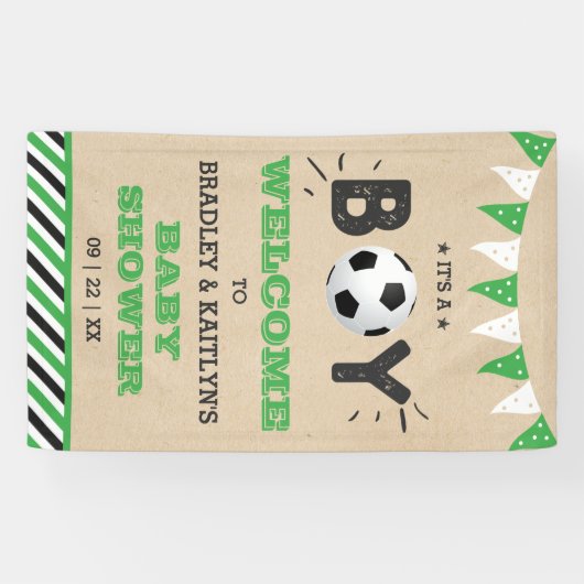 男の子だ！サッカーをテーマにした赤ちゃんシャワーへようこそ 横断幕 (横)
