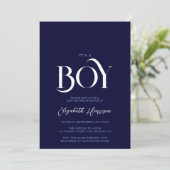 「男の子だ」シックなネイビーエレガントブルーベビーシャワー 招待状 (スタンド正面)