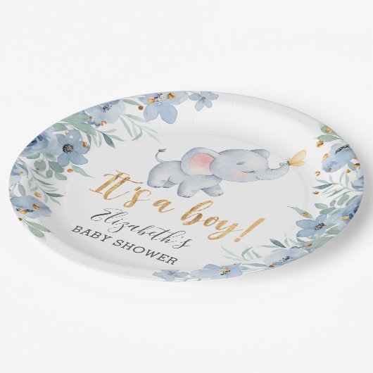 男の子だ！スイートエレファントベビーシャワーパーティー ペーパープレート (アングル)