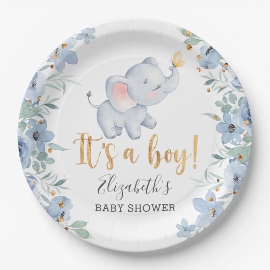 男の子だ！スイートエレファントベビーシャワーパーティー ペーパープレート (正面)