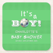 男の子だ！スポーツフットボールの赤ちゃんシャワー スクエアペーパーコースター (正面)