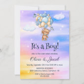 男の子だ！テディベアブルーバルーンベビーシャワー 招待状 (正面)