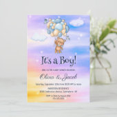 男の子だ！テディベアブルーバルーンベビーシャワー 招待状 (スタンド正面)