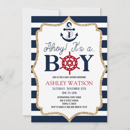 男の子だ！ネイビー航海のブルーベビーシャワー 招待状 (正面)