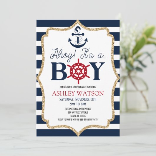 男の子だ！ネイビー航海のブルーベビーシャワー 招待状 (スタンド正面)