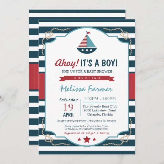 男の子だ!ネイビ航海のー&レッドベビーシャワー 招待状 (正面/裏面)