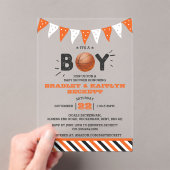 男の子だ！バスケットボールをテーマにした共同ベビーシャワー アクリル招待状 (インサイチュ (ポータブル))