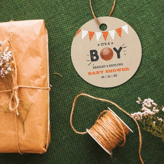 男の子だ！バスケットボールをテーマにした共同ベビーシャワー フェイバータグ