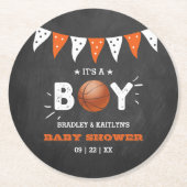 男の子だ！バスケットボールをテーマにした共同ベビーシャワー ラウンドペーパーコースター (正面)