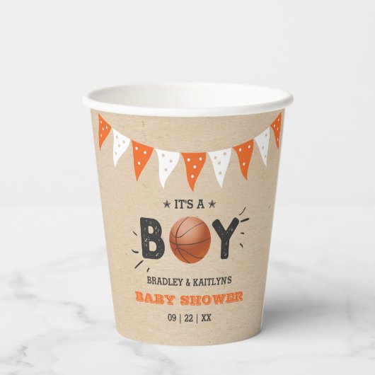 男の子だ！バスケットボールをテーマにした共同ベビーシャワー 紙コップ (裏面)