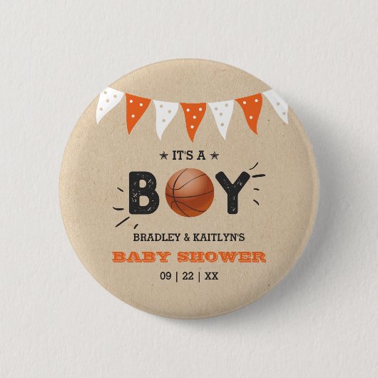 男の子だ！バスケットボールをテーマにした共同ベビーシャワー 缶バッジ (正面)