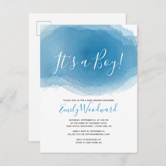 男の子だ！ブルーウォーター色ベビーシャワー インビテーションポストカード (正面/裏面)
