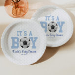 男の子だ！ブルーサッカーの赤ちゃんシャワー ペーパープレート<br><div class="desc">これらはサッカーをテーマにした紙プレートで、青い水玉模様デザインを持つ。男の子だ！デザインはシンプルとミニマル。</div>
