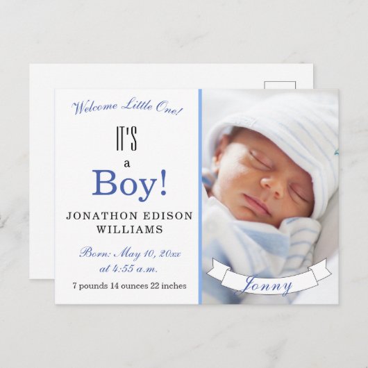 男の子だ!ブルーモダンベビーフォト誕生 案内ポストカード (正面/裏面)