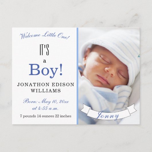 男の子だ！ブルーモダンベビーフォト誕生 案内ポストカード (正面)