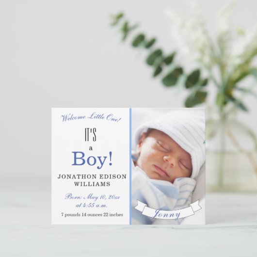 男の子だ！ブルーモダンベビーフォト誕生 案内ポストカード (スタンド正面)