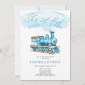 男の子だ!ブルーヴィンテージ列車赤ちゃんシャワー 招待状 (正面)