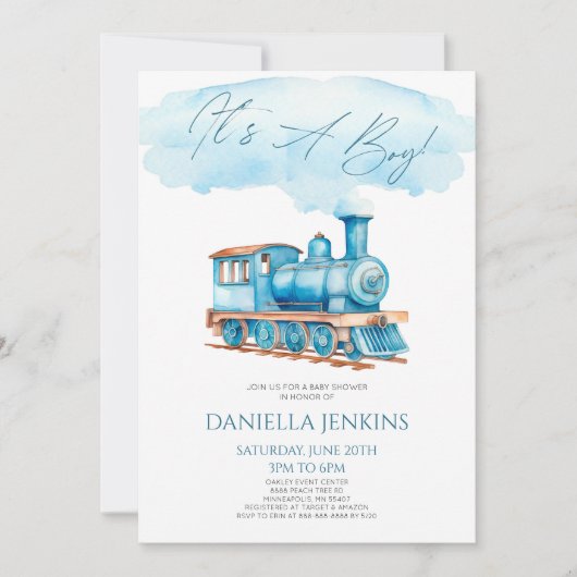 男の子だ！ブルーヴィンテージ列車赤ちゃんシャワー 招待状 (正面)