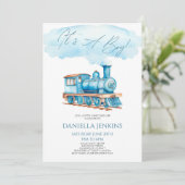 男の子だ!ブルーヴィンテージ列車赤ちゃんシャワー 招待状 (スタンド正面)