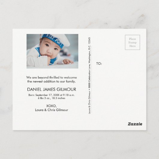 男の子だ！ブルー航海のテーマのベビー写真 ポストカード (裏面)