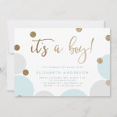 男の子だ！ |ブルー&金ゴールド紙吹雪ベビーシャワー 招待状 (正面)