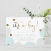 男の子だ！ |ブルー&金ゴールド紙吹雪ベビーシャワー 招待状 (スタンド正面)