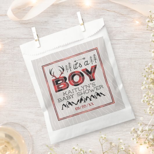 男の子だ!プライド素朴ランバージャックベビーシャワー フェイバーバッグ (クリップ留めされた状態)