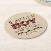 男の子だ!プライド素朴ランバージャックベビーシャワー ラウンドペーパーコースター (アングル)