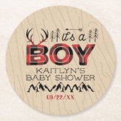 男の子だ!プライド素朴ランバージャックベビーシャワー ラウンドペーパーコースター (正面)