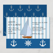 男の子だ！ベイビーシャワーのお知らせ 航海の旅 セピアブルー 招待状 (正面/裏面)