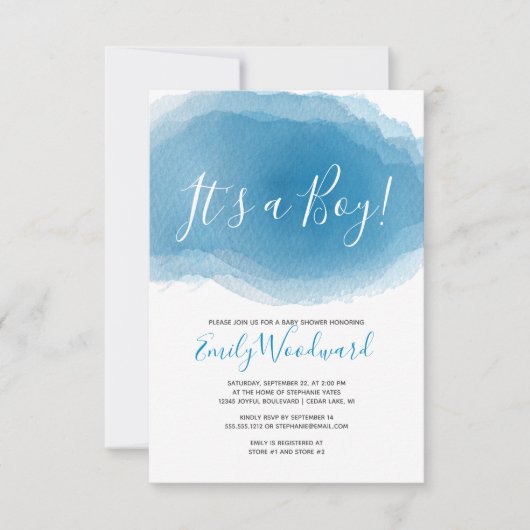 男の子だ！ベビーシャワーブルーウォーターカラー抽象芸術 招待状 (正面)