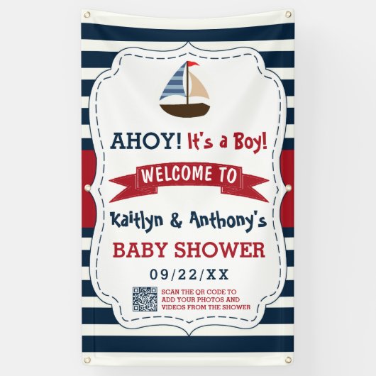 男の子だ!ボートベビー航海のシャワーへようこそ 横断幕 (縦)