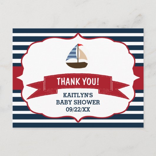 男の子だ！ボート航海のベビーサンキュー ポストカード (正面)