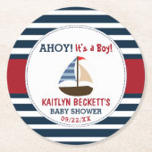 男の子だ！ボート航海の赤ちゃんシャワー ラウンドペーパーコースター (正面)