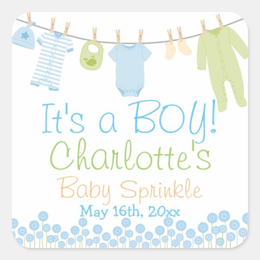 男の子だ！リル服ブルー&グリーンベビースプリンクル スクエアシール (正面)