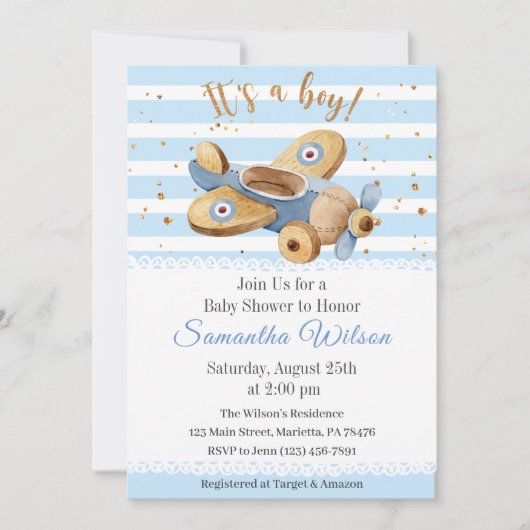 男の子だ！ヴィンテージ飛行機玩具赤ちゃんシャワー 招待状 (正面)