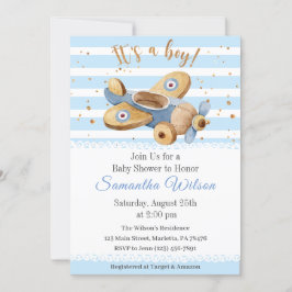 男の子だ！ヴィンテージ飛行機玩具赤ちゃんシャワー 招待状