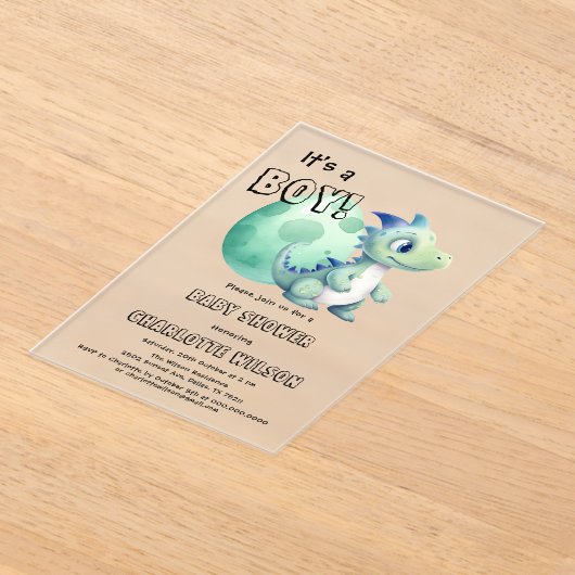 男の子だ!卵の赤ちゃんシャワー付きかわいい恐竜 アクリル招待状 (レイダウン)