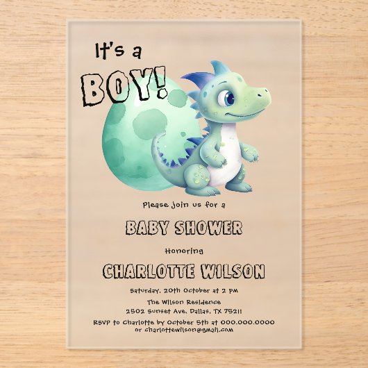 男の子だ!卵の赤ちゃんシャワー付きかわいい恐竜 アクリル招待状 (正面)