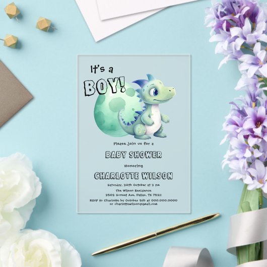 男の子だ!卵の赤ちゃんシャワー付きかわいい恐竜 アクリル招待状 (インサイチュ (ウェディング))