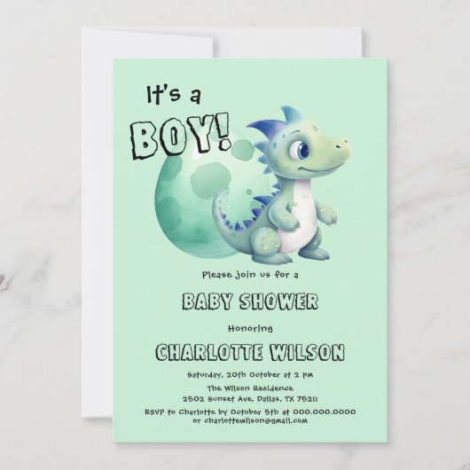 男の子だ!卵の赤ちゃんシャワー付きかわいい恐竜 招待状 (正面)