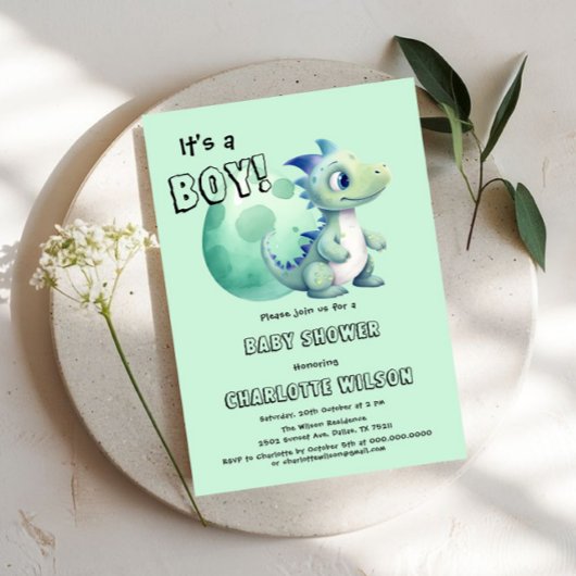 男の子だ!卵の赤ちゃんシャワー付きかわいい恐竜 招待状