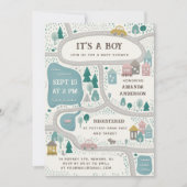 男の子だ。可愛いおもしろい街路地図ベビーシャワー 招待状 (正面)