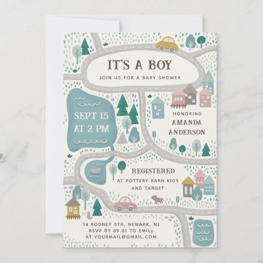 男の子だ。可愛いおもしろい街路地図ベビーシャワー 招待状 (正面)