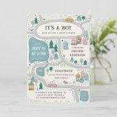 男の子だ。可愛いおもしろい街路地図ベビーシャワー 招待状 (スタンド正面)