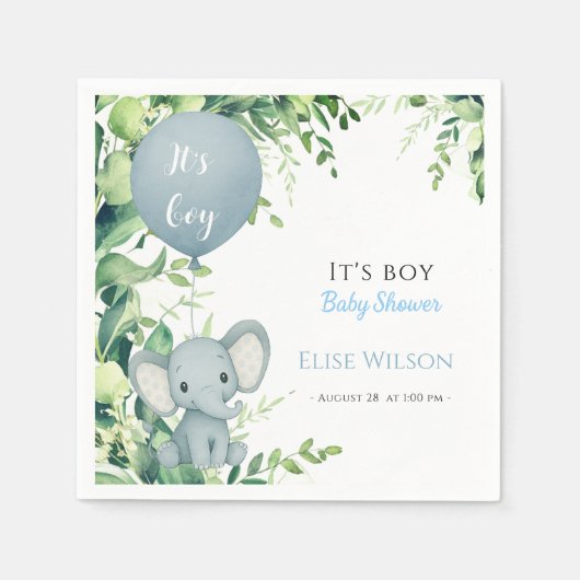 男の子だ!可愛い小さな象のベビー(風船あり) スタンダードカクテルナプキン (正面)