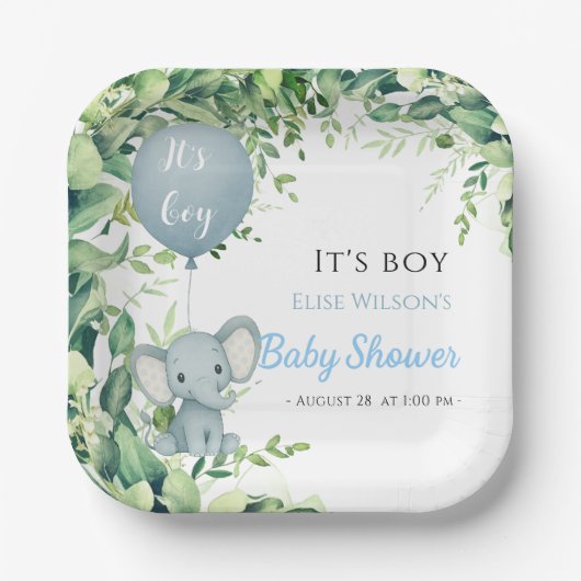 男の子だ!可愛い小さな象のベビー(風船あり) ペーパープレート (正面)