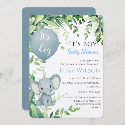 男の子だ！可愛い小さな象のベビー（風船あり） 招待状 (正面/裏面)