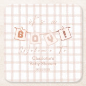 男の子だ!可愛い茶色のギンガムノート赤ちゃんシャワー スクエアペーパーコースター (正面)