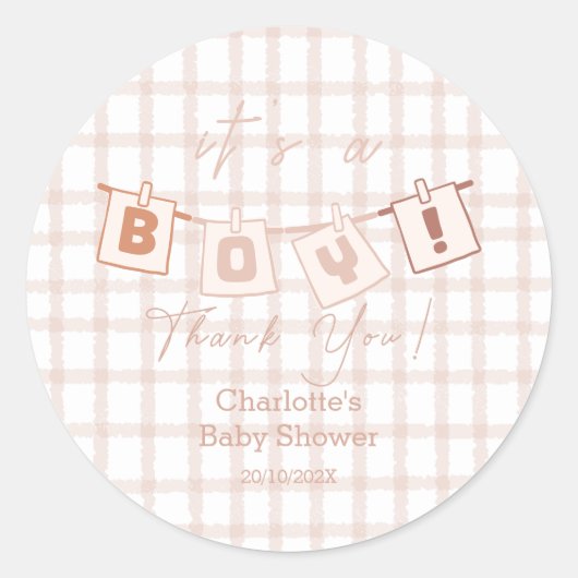 男の子だ!可愛い茶色のギンガムノート赤ちゃんシャワー ラウンドシール (正面)